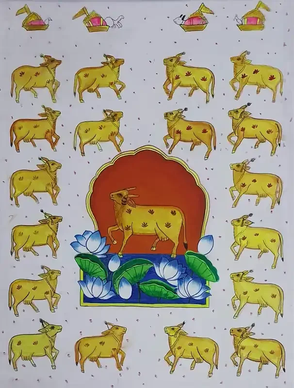 PICHWAI- PAINTED TEMPLE HANGING – Cow‘s Beautiful Decorative Pichwai Painting – (Hand Painted on Canvas – 18×24 inches Unframed) PC11