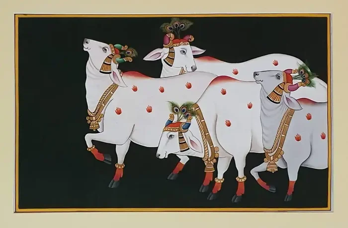 PICHWAI- PAINTED TEMPLE HANGING – Cow‘s Handmade Pichwai Painting (Hand Painted on Cloth) (10×16 inchesh Unframed)