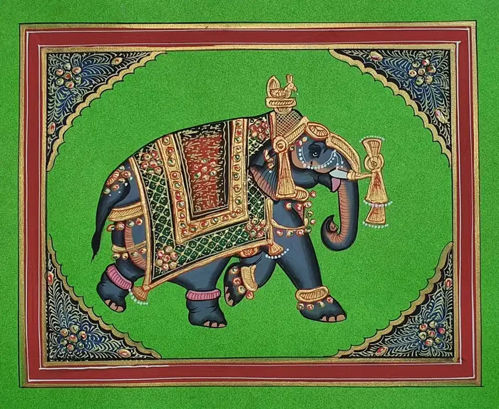 PICHWAI- PAINTED TEMPLE HANGING – Embossed Elephant Art (A Set of 2 pcs) (Handmade Painting) E004