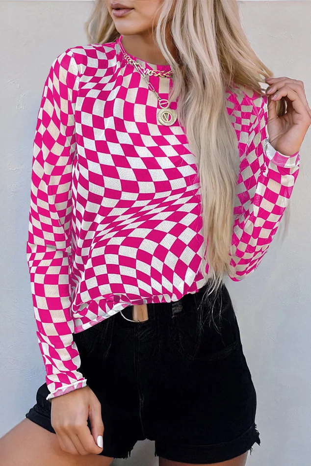 Pink Checkered Print Mesh Top