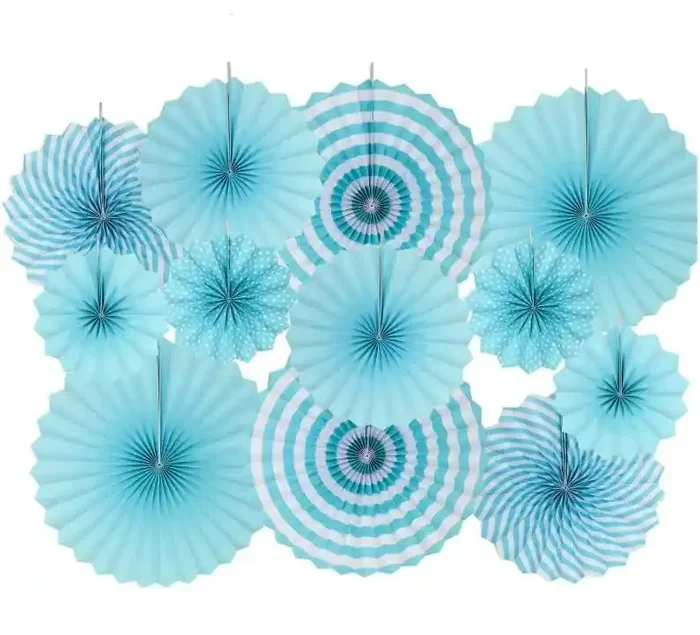 Pop The Party Western Polka Dots Stripes Printed Paper Fan Decoration (Blue) – Pack of 12