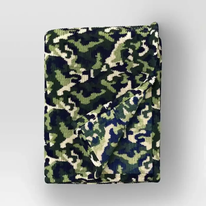 Printed Camo Ribbed Plush Throw Blanket Navy/Dark Green/Neutral – Room Essentials™