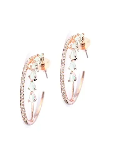 Priyaasi Stylish Bollywood Wedding Ethnic Mint Green American Diamond Rose Gold-Plated Half-Hoop Earrings for Women and Girls