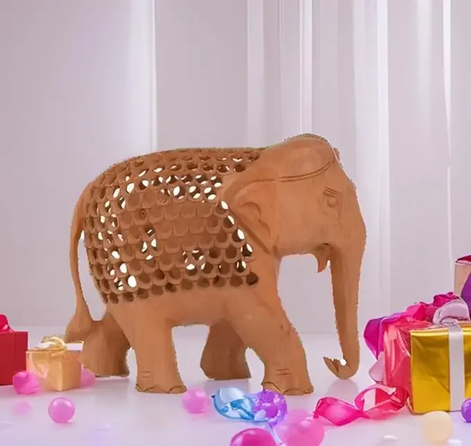 Purpledip Wooden Jali Carving Elephant Showpiece Indian Gift/Souvenir (10715)
