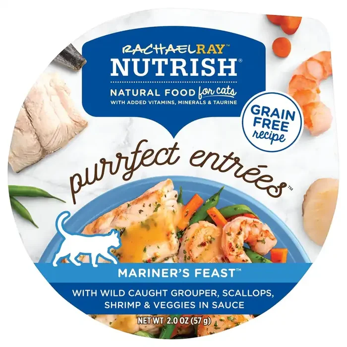 Rachael Ray Nutrish Purrfect Entrees Mariner‘s Feast With Wild Caught Grouper, Scallops, Shrimp & Veggies in Sauce, 2-oz cup