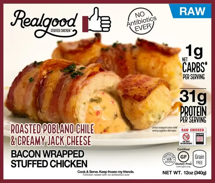 Realgood Roasted Poblano Chile & Creamy Jack Cheese Raw Bacon Wrapped Stuffed Chicken