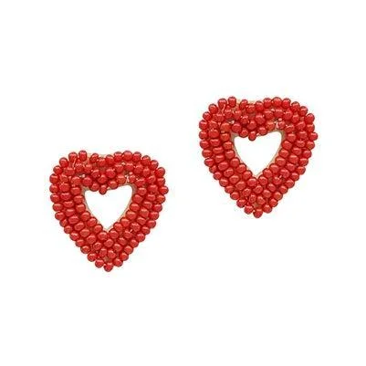 Red Seed Bead Heart Stud Earrings