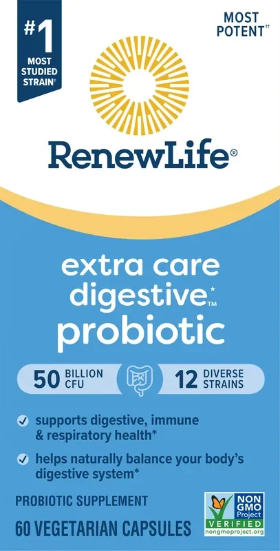 Renew Life Extra Care Digestive Probiotic Supplement, 50 Billion CFU Guaranteed, 60 Vegetarian Probiotic Capsules