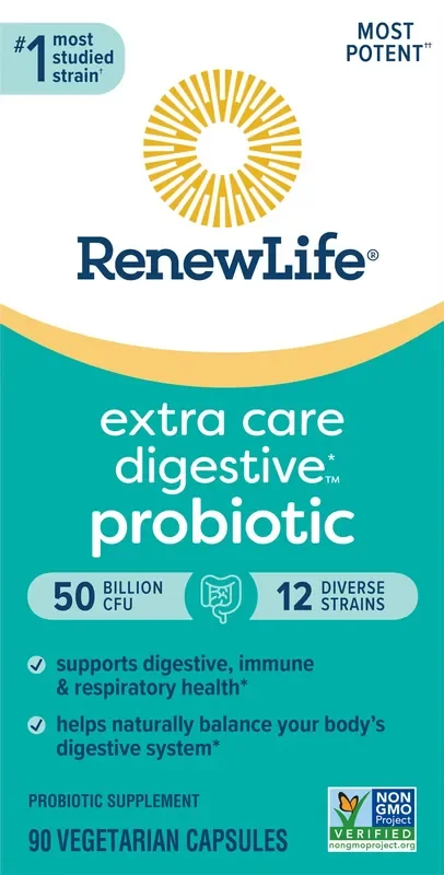 Renew Life Extra Care Digestive Probiotic Supplement, 90 Vegetarian Probiotic Capsules, 50 Billion CFU
