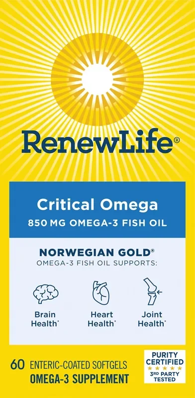 Renew Life Norwegian Gold Adult Fish Oil, Critical Omega, Omega-3 Fish Oil Supplement, 850 mg Omega-3 per Softgel, Purity Certified, Gluten and Dairy Free, 60 Burp-Free Softgels