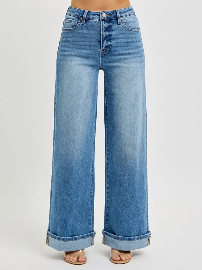 Risen High Rise Wide Cuffed Jeans – Medium Wash