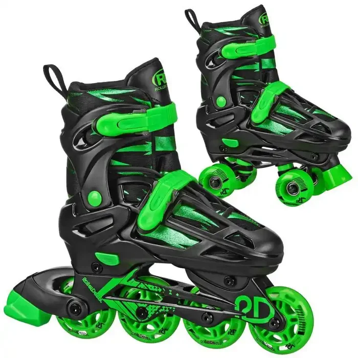 Roller Derby Green Wire Kids‘ Adjustable Inline-Quad Combo Skates – Black/Green M (3-6) Indoor/Outdoor Use, Padded Collar