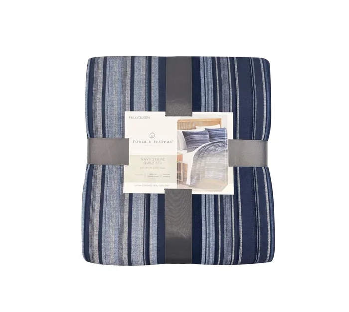 Room & Retreat Navy Stripe Quilt Set King