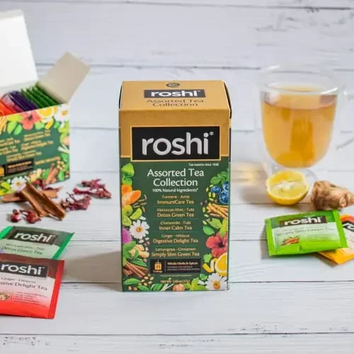 Roshi Assorted Herbal & Green Tea Collection (25 Tea bags) Chamomile Tea, Immunity tea, Digestion support Tea, Relaxing, Detox Spearmint Green tea, Simply Slim Green Tea Green Tea Sampler Trial Pack with 5 Exotic Flavors Assortment of Wellness in