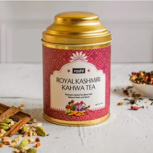 Roshi Royal Kashmiri Kahwa Tea 100g Authentic Kashmiri Kahwa Green Tea with Exotic spices, Saffron, Premium Cardamom & Almonds A perfect tea gift pack with 100% natural ingredients