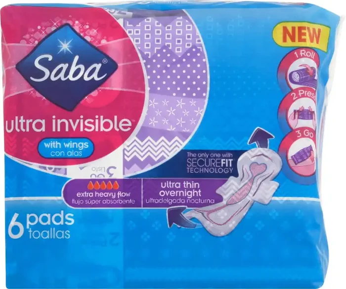 Saba Ultra Invisible Extra Heavy Flow Ultra Thin Overnight with Wings Pads 6 ea