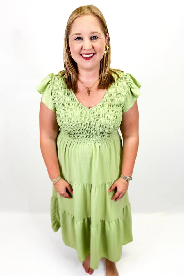 SAGE SMOCKED BUST MIDI DRESS