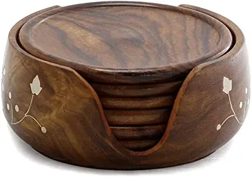 Saim Handicrafts Handmade Wooden Lotus Tea Coaster with Half Shape Stand (3.5 Inch) – Set of 6