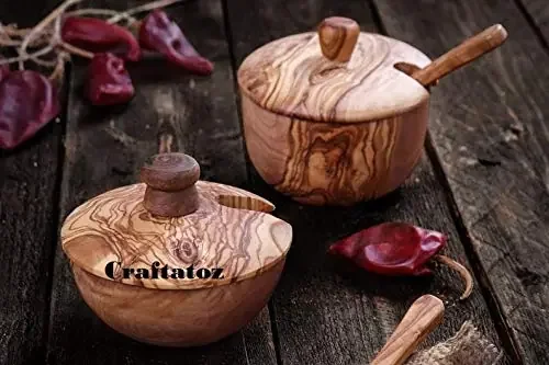 Salt Cellars/Spice Jars/Sugar Bowl with Spoon Made of Tunisian Olive Wood Including Small Spice Spoon