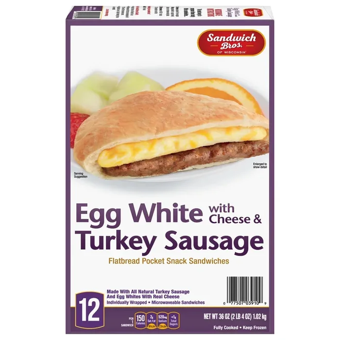 Sandwich Bros. Sandwich Bros Egg White with Cheese and Turkey Sausage, Frozen Breakfast Sandwich, 12 Count, 36 oz