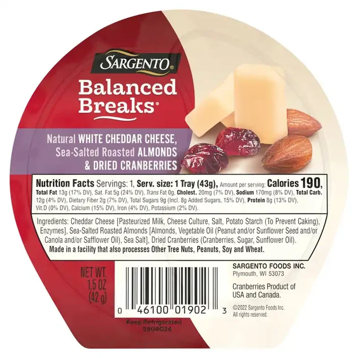 Sargento Balanced Breaks Snacks Natural White Cheddar Cheese, Sea-Salted Roasted Almonds and Dried Cranberries, Individual Pack – 1.5 oz