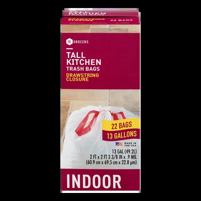 SE Grocers Tall Kitchen Trash Bags Drawstring Closure Indoor