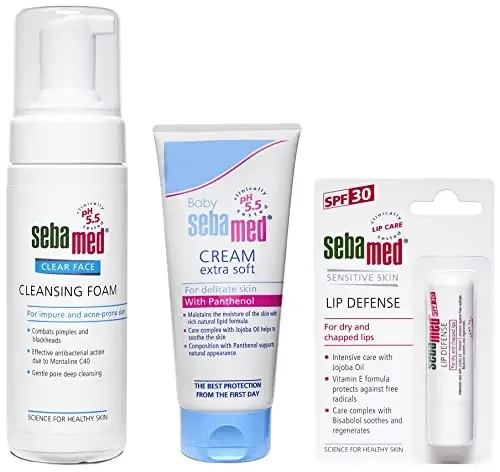 SebaMed Baby Cream Extra Soft 200ml & SPF 30 Lip Defense Stick 4.8g & Clear Face Cleansing Foam 150ml