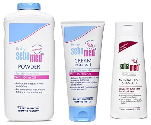 Sebamed Baby Powder 200g & Anti- Hairloss Shampoo 200ml PH 5.5 Reduces hairloss Caffeine&Gingko Biloba All hair types & Baby Cream Extra Soft 50m Ph 5.5 Panthenol and Jojoba Oil Clinically tested