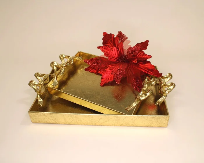 Set/2 Gilded Gold Metal Trays w Bow Handles, 21×12 by TradeCie