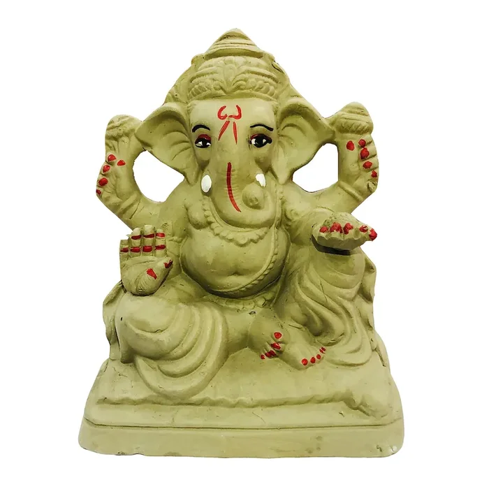 SHOPMEFAST Eco Friendly Handcrafted Clay Mud Ganpati Murti Biodegradable Kacchi Mitti Ganesha Water Soluble Ganesh Idol for Ganpati Visarjan (H 7.5 Inches)