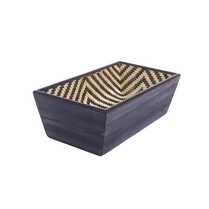 SIKKI CRAFT Handmade Bamboo Bread Basket Natural Grass Storage Bin for Serving Roti Kitchen or Restaurant Can be Used for Fruits Snacks Cosmetics (27x14x8 cm Black & Natural)