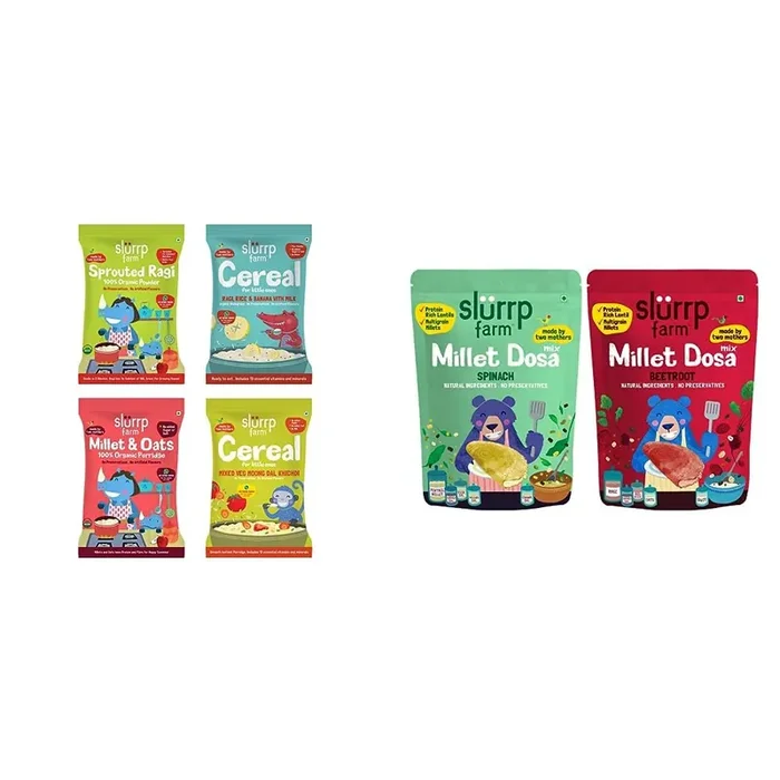 Slurrp Farm No Sugar, No Salt First Foods Cereal Trial Pack Combo Made with Ragi, Oats, Jowar, Real Fruits, Vegetables, Dals 50 g*4 & Slurrp Farm Millet Dosa Instant Mix, 150g (Pack of 2)