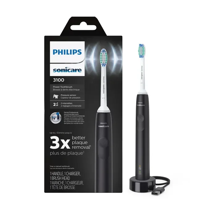 Sonicare 3100 Power Toothbrush, Rechargeable Electric Toothbrush with Pressure Sensor, Black HX3681/04