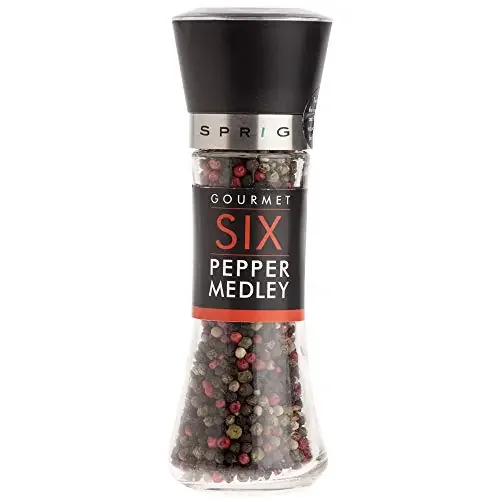 Sprig Gourmet Six Pepper Medley Rainbow Peppercorn blend Whole Dried Peppercorns (Black White Pink Green Sichuan Cubeb) + Glass Pepper Grinder Bottle with Adjustable Coarseness 85g
