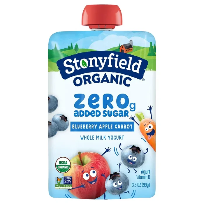 Stonyfield Organic Kids Zero G Added Sugar Whole Milk Yogurt Pouch, Blueberry Apple Carrot, 3.5 oz.