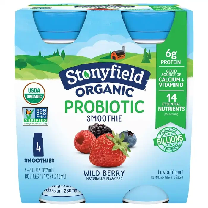 Stonyfield Organic Lowfat Yogurt Wild Berry Probiotic Smoothie 4 – 6 fl oz Bottles