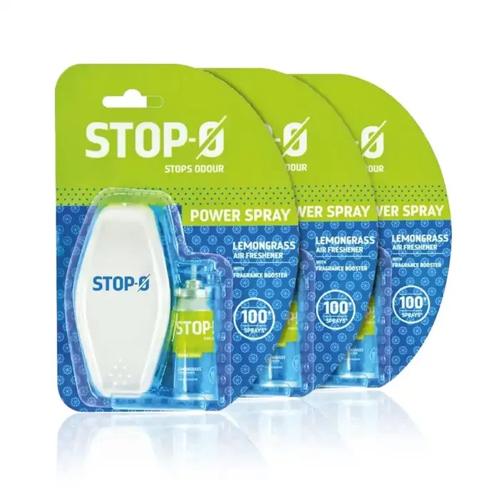 Stop-O One Touch Power Spray Pack of 3 Lemongrass Air Freshener Spray for Bathroom/Toilet Fresh Lemongrass Fragrance 1 Dispenser + 1 Refill per pack