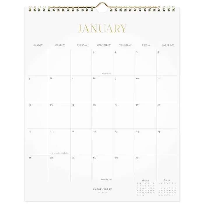 Sugar Paper Essentials 2025 Wall Calendar 15″x12″ White Monthly Planner for Adults, Twin-Wire Binding, January-December