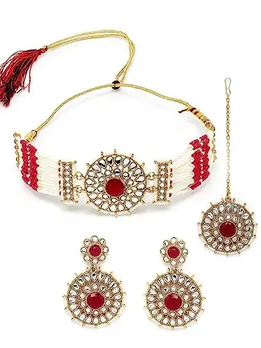 Sukkhi Decorative Round Shaped Multicolor Kundan & Beads Studded Choker Necklace Set For Women