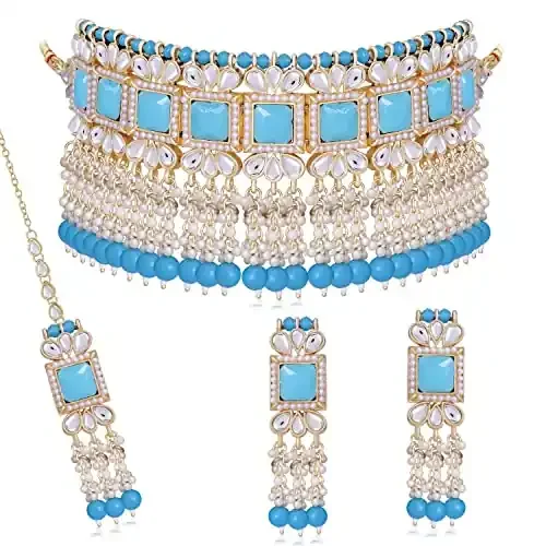 Sukkhi Traditional Square Shape with Beads Choker Necklace & Earring Maangtikka Set