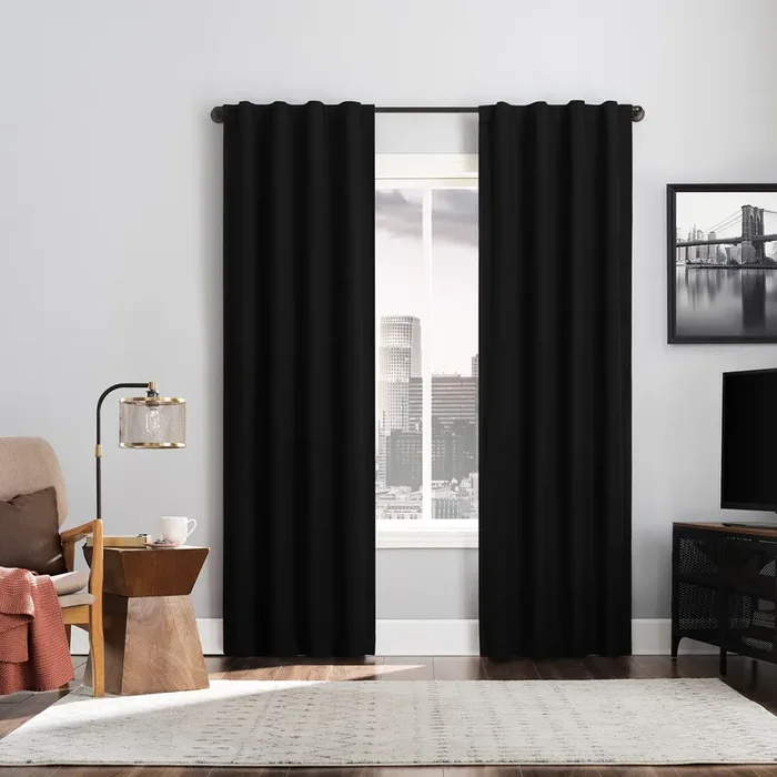 Sun Zero 84-in Black Blackout Standard lined Back tab Curtain panel pair