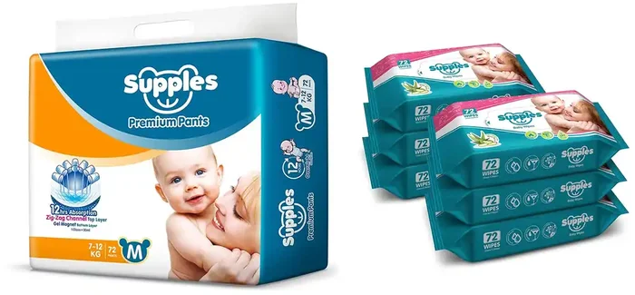 Supples Baby Pants Diapers, Medium, 72 Count with Wet Wipes (Pack of 6)