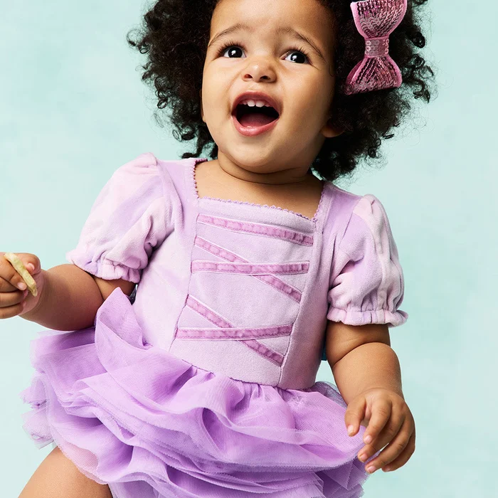 Tangled Purple Puff Sleeve Disney Rapunzel Velour Bodysuit Dress | Posh Peanut®