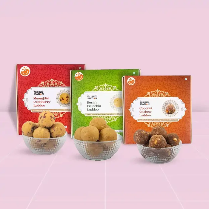 The Filing Station Besan Pistachio Coconut Cashew & Moongdal Cranberry Ladoo_Pack of 3 No White Sugar Sweetened with Palm Jaggery No Artificial Flavors No Preservatives_27 Ladoos_750 Gm