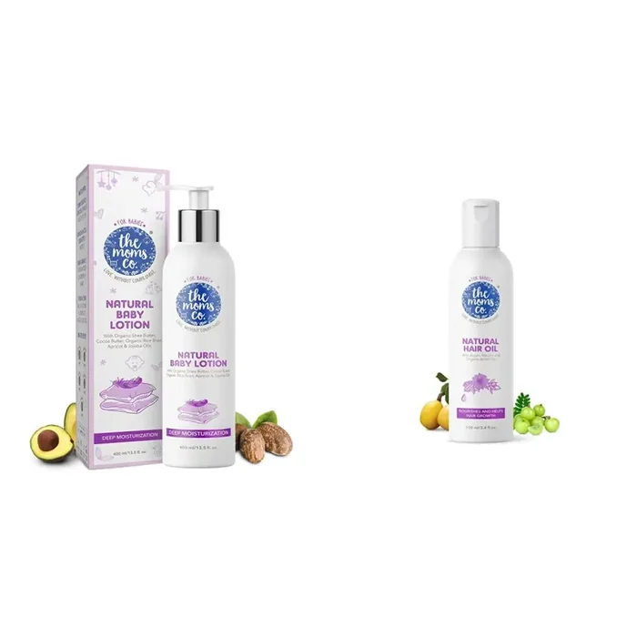 The Moms Co. Natural Baby Lotion Australia-Certified (400ml) & Virgin Coconut Natural 10-in-1 Baby Hair Oil with Argan Marula Avocado Bhringraj and Organic Amla 100ml
