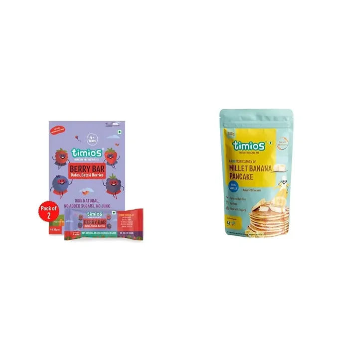 Timios Berry Bar Healthy Snack Natural Energy Food Product Ready to Eat for Toddlers – 4+ Years (Pack of 8) & Timios Organic No Maida Millet Pancake Mix-Banana with Vanilla150gms(Pack of 1)