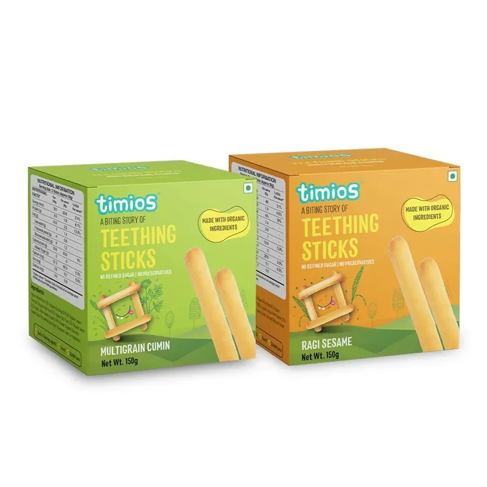 Timios Multigrain Teething Sticks Organic Snack Dissolves Easily Ragi Sesame Multigrain Cumin Pack of 2 150g