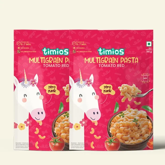 Timios No-Maida Multigrain Tomato Red Instant Macaroni Pasta Healthy Pasta made With Brown Rice and Corn No Preservatives No Artificial Colors & Flavors No Trans Fat Pack of 2 195g Each