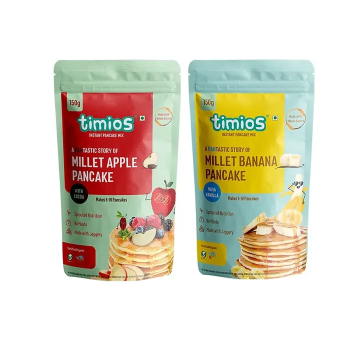 Timios Organic No Maida Millet Pancake Mix-Apple& Banana Combo(Pack of 2) Made with Whole Grains Jaggery and Sprouted Nutrition Instant and Healthy Breakfast300gm
