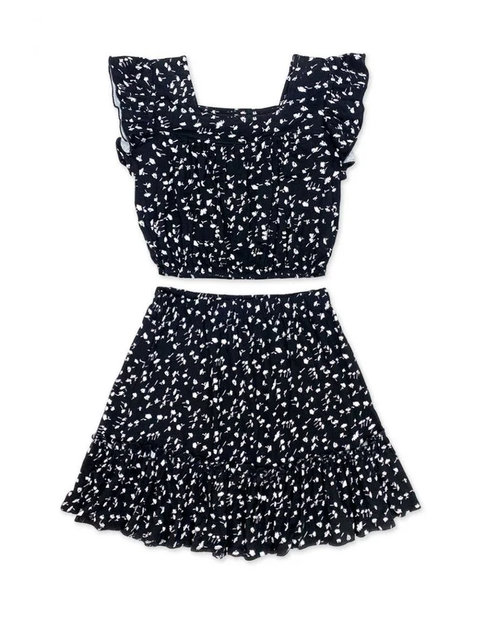 Tween Girl’s 2 pc Skirt Set w/ Ruffle Sleeve Top: Black White Daisy